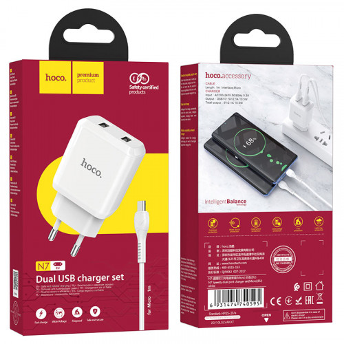 СЗУ HOCO N7 Speedy (2-USB/2.1A) + micro USB кабель (белый)