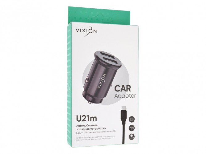 АЗУ VIXION U21m (2-USB/2.4A) + micro USB кабель 1м короткий блок (черный)