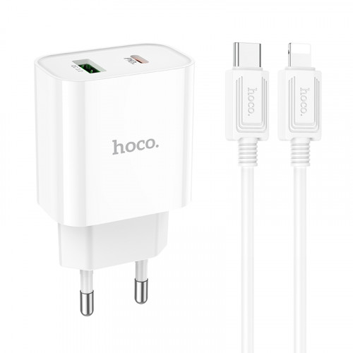 СЗУ HOCO C80A (1-USB 18W/1-PD 20W) + Type-C to Lightning кабель 38W (белый)