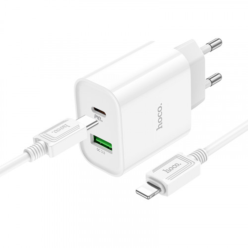 СЗУ HOCO C80A (1-USB 18W/1-PD 20W) + Type-C to Lightning кабель 38W (белый)