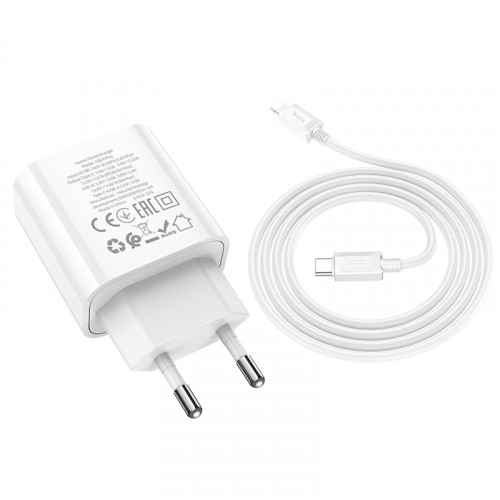СЗУ HOCO C80A (1-USB 18W/1-PD 20W) + Type-C to Lightning кабель 38W (белый)