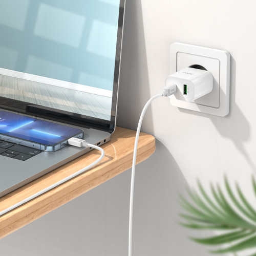 СЗУ HOCO C80A (1-USB 18W/1-PD 20W) + Type-C to Lightning кабель 38W (белый)
